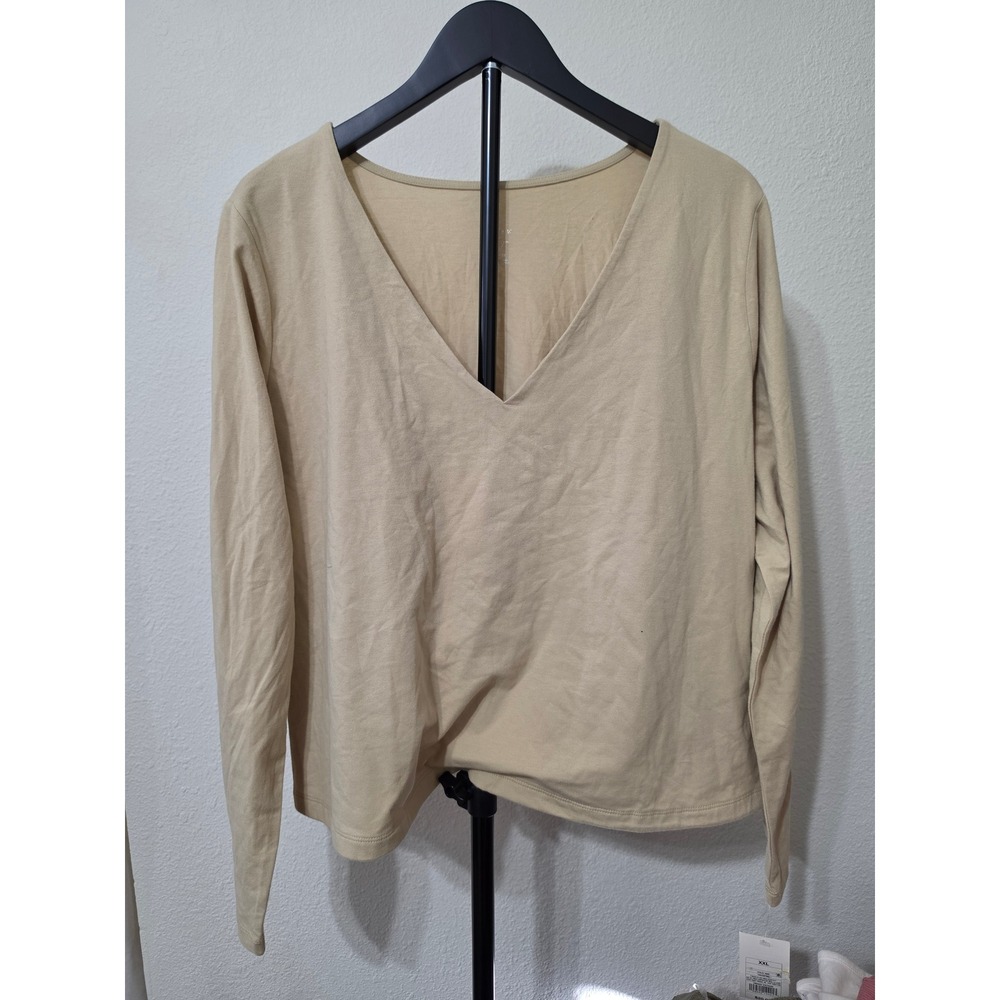 A New Day Womens XXL Tan Beige V-Neck Long Sleeve T-Shirt Cotton Blend